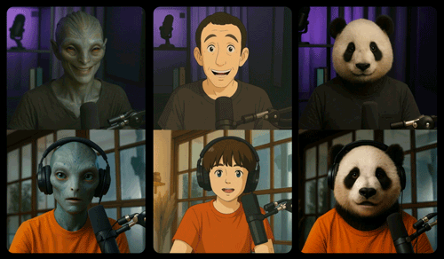 Six-panel animated collage showing a grey alien, a smiling cartoon man, a panda, an alien with headphones, a girl with headphones, and a panda wearing headphones, all speaking into microphones.
