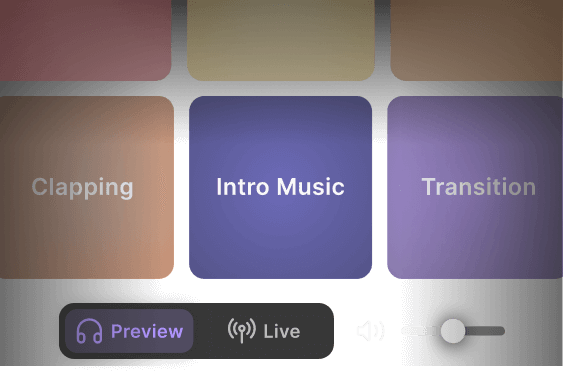 Audio control interface showing buttons labeled Clapping, Intro Music, and Transition, with Preview and Live options and a volume slider.