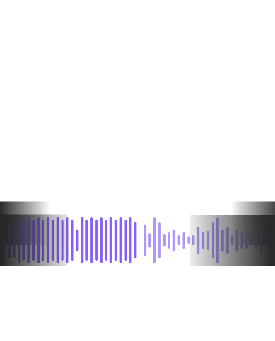 Colorful audio waveform with purple and blue bars and three white sparkle icons above.