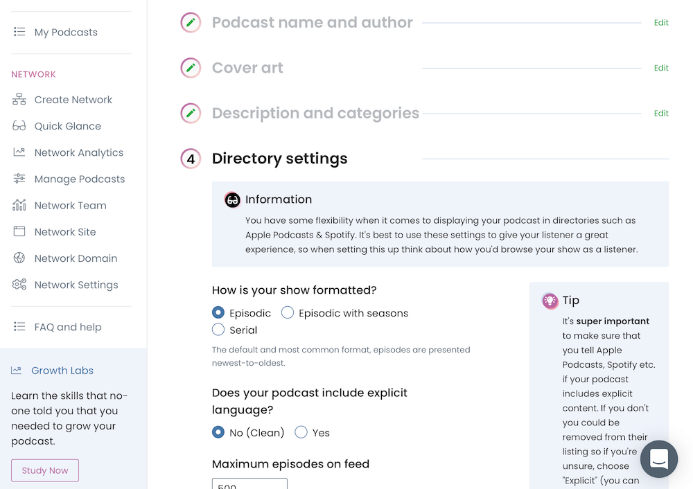 Podcast directory settings on Captivate.fm