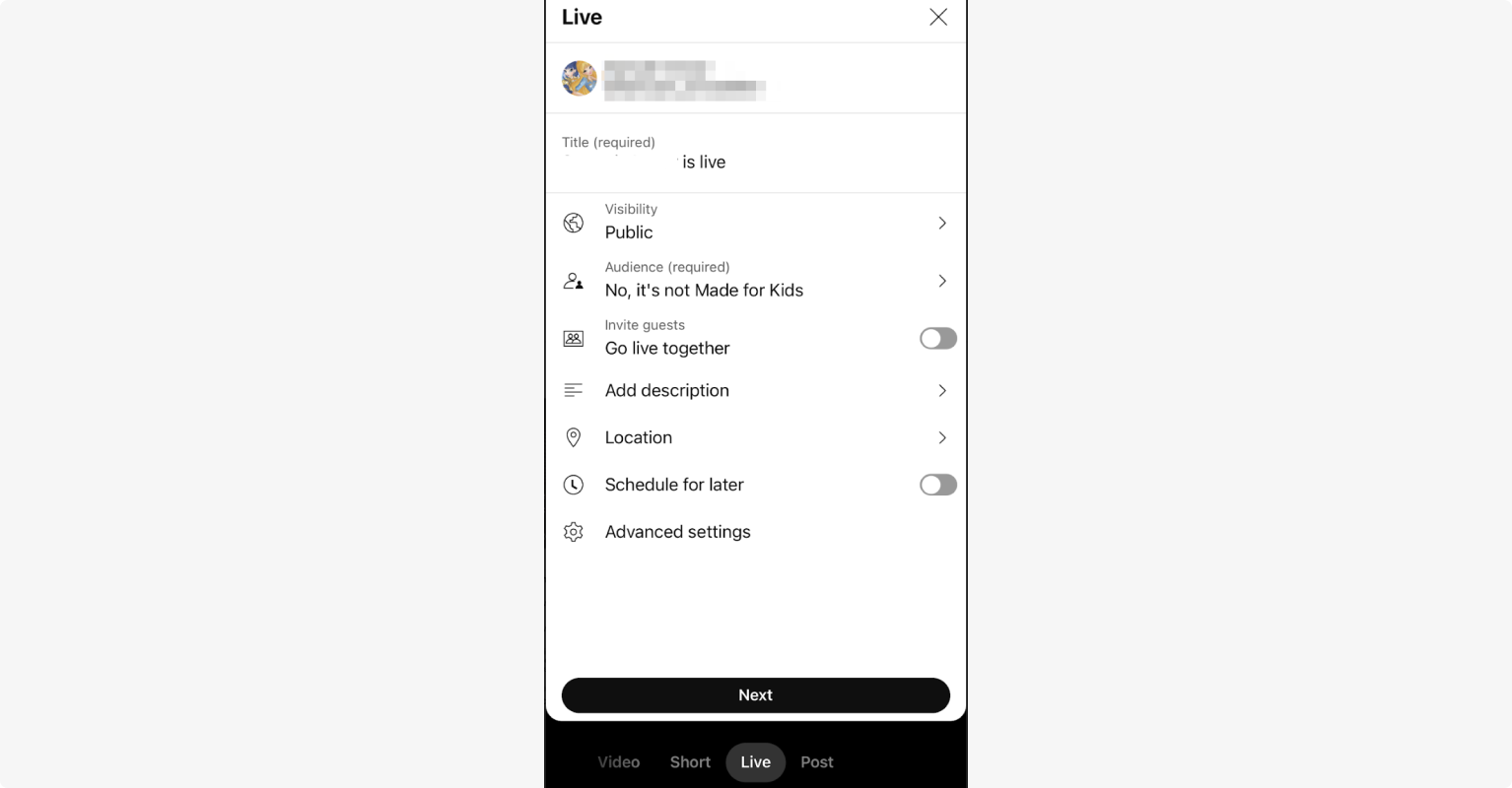 Youtube live stream settings for the mobile app