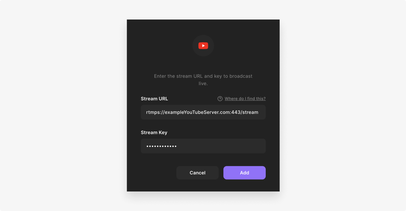 Linking YouTube to a live stream encoder with the Stream URL and Stream Key