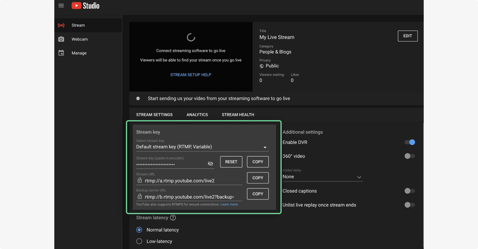 YouTube live stream key and URL