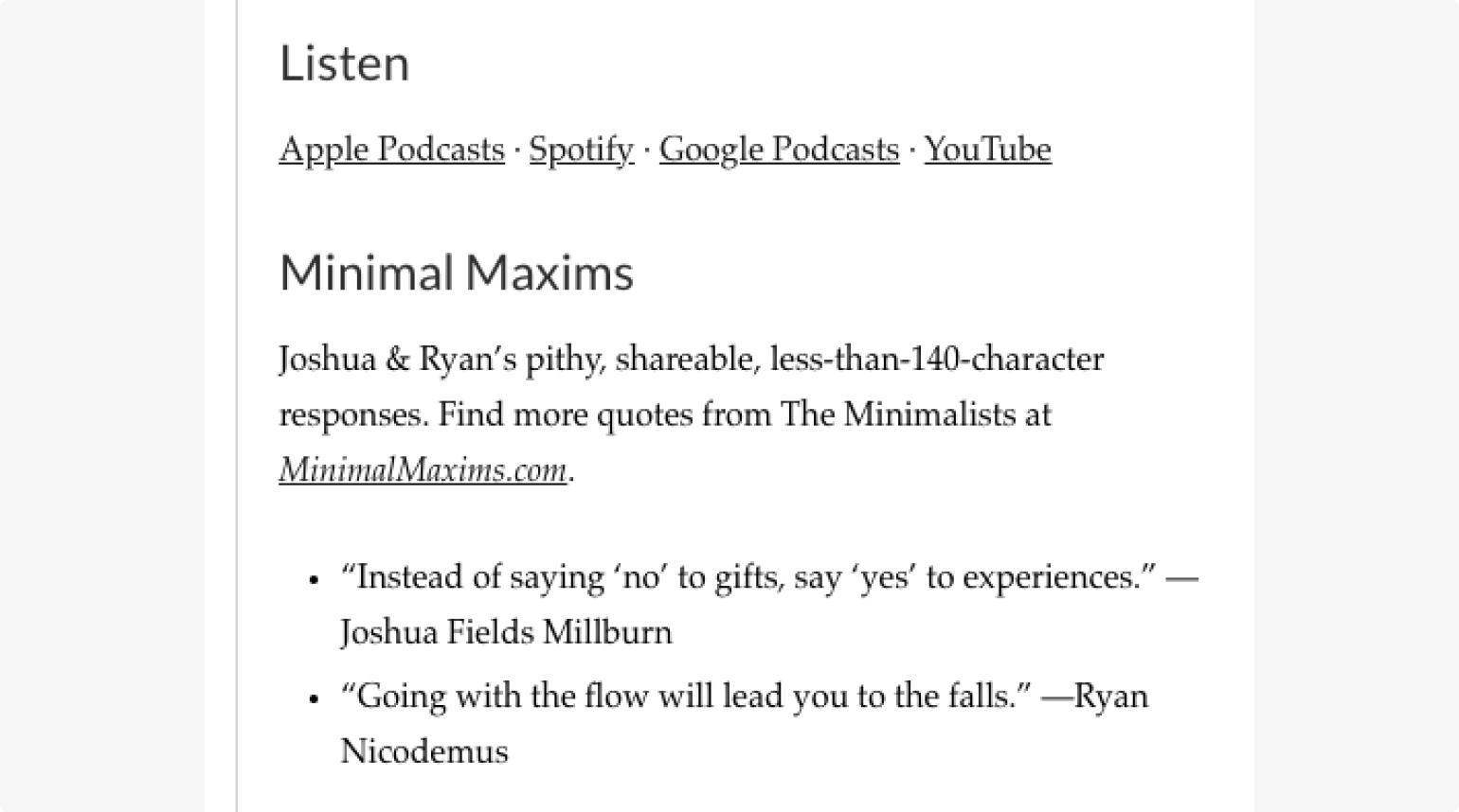 Podcast show notes from the Minimalists podcasts