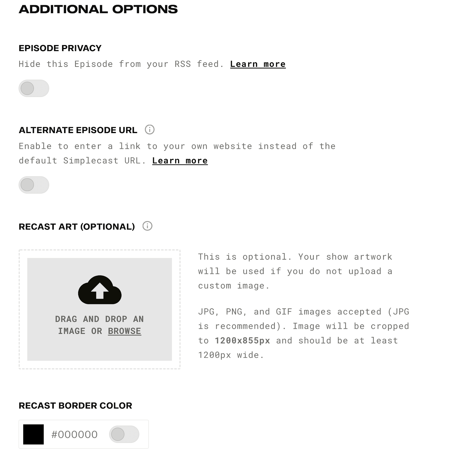 Additional podcast options on Simplecast including privacy settings and recast art